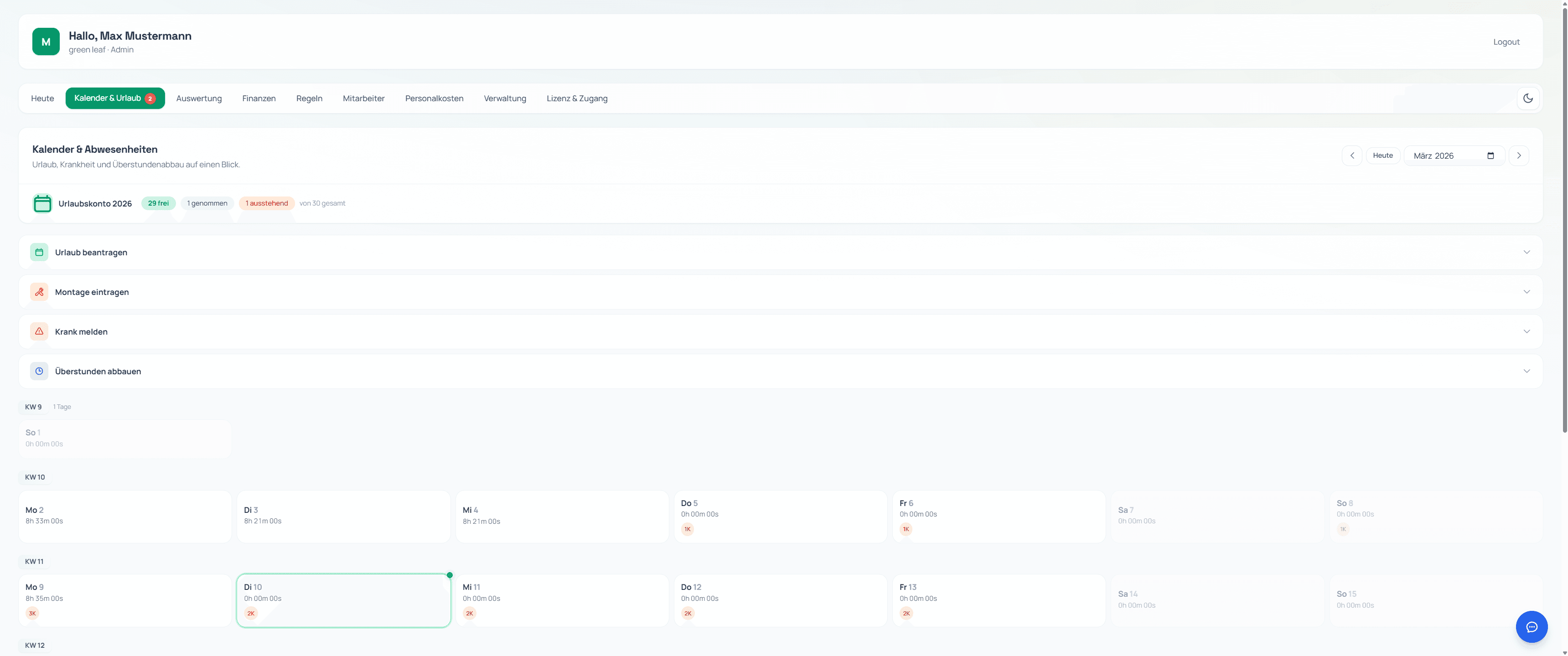 Kalender & Abwesenheiten Bright