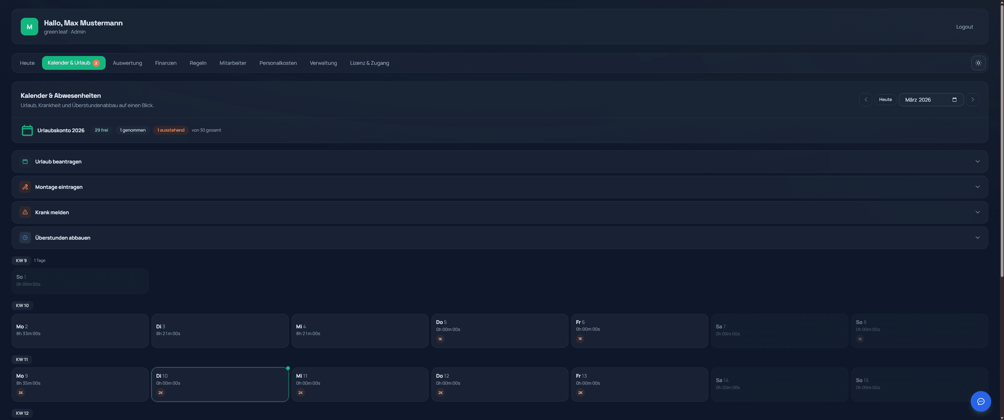 Kalender & Abwesenheiten Dark