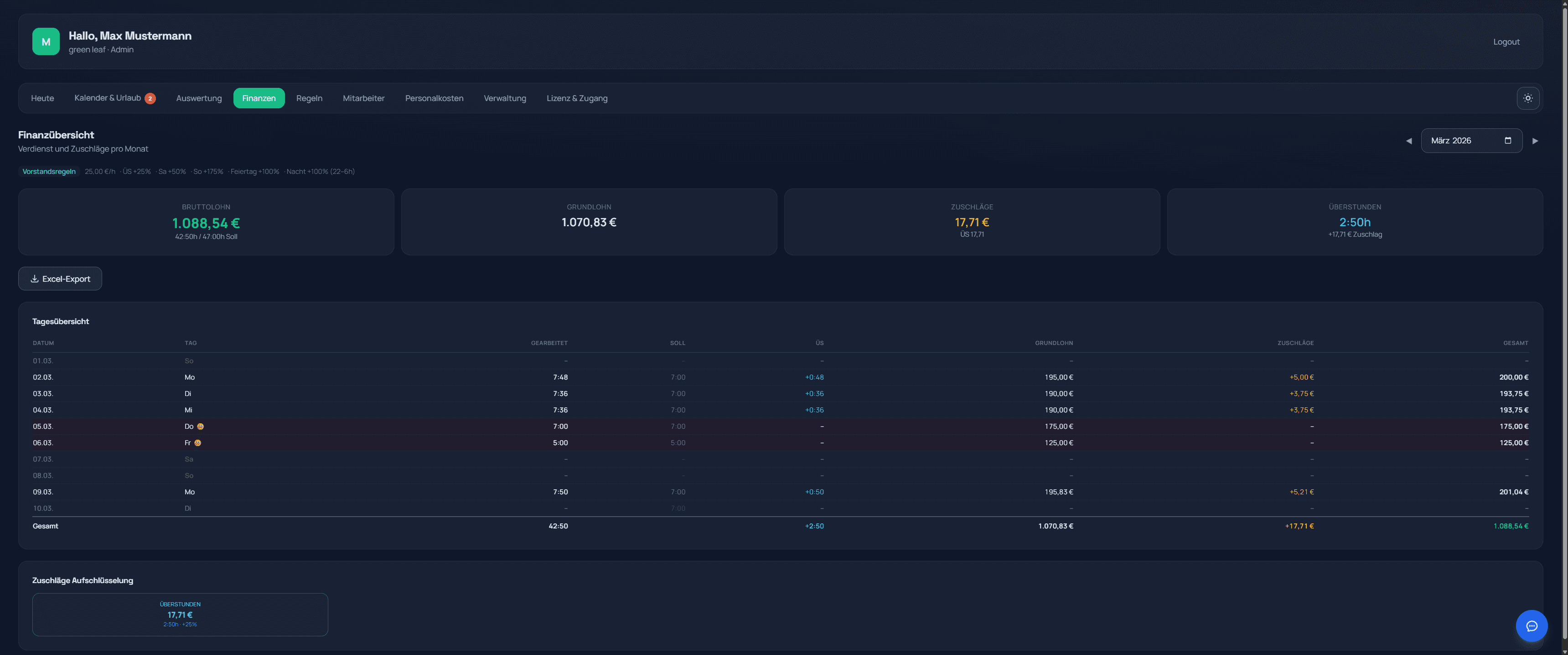 Monatsberichte & Export Dark